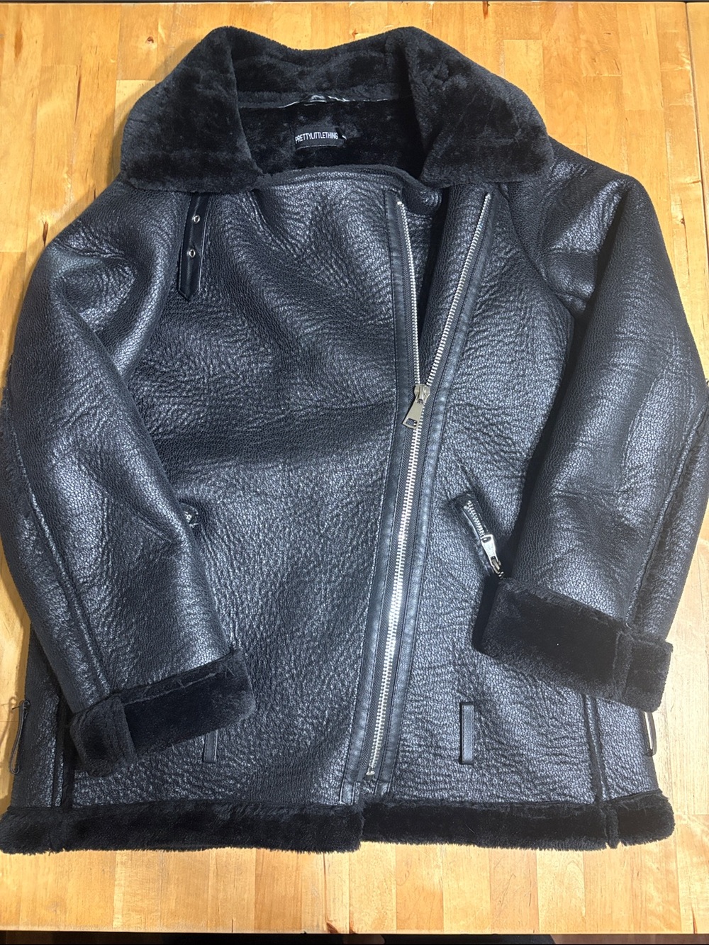 PrettyLittleThing Black Faux Shearling Aviator Jacket